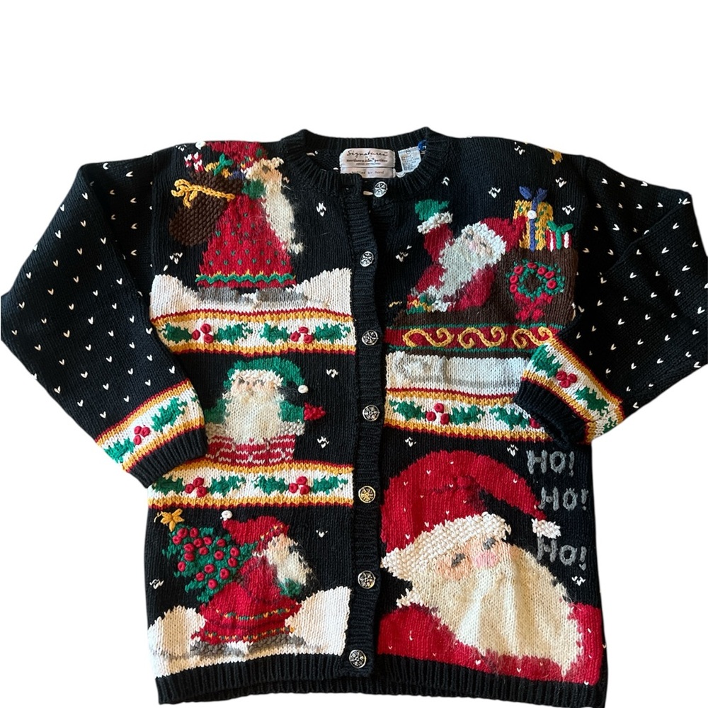 Festive Black Christmas Cardigan with Santa Design Hand Knit Petite Medium